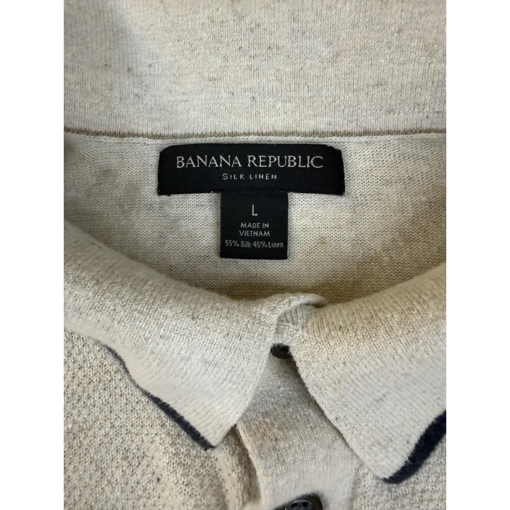 Banana Republic Mens Large Beige Silk Linen Knit Short Sleeve Polo Shirt